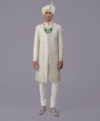 Ivory gold floral zardozi embroidered silk sherwani set 2