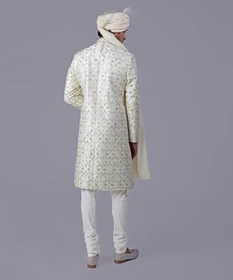 Ivory gold floral zardozi embroidered silk sherwani set 3