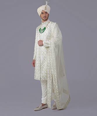 Ivory gold floral zardozi embroidered silk sherwani set 4