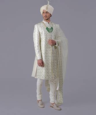 Ivory gold floral zardozi embroidered silk sherwani set 5