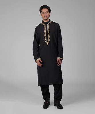 Classic black kashmiri tilla hand embroidered kurta set 1