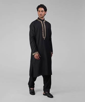 Classic black kashmiri tilla hand embroidered kurta set 2