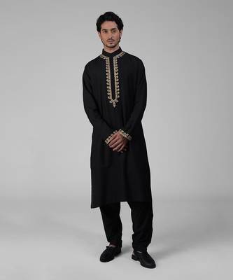 Classic black kashmiri tilla hand embroidered kurta set 3