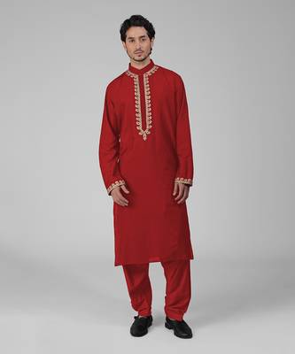 Red kashmiri tilla hand embroidered kurta set 1