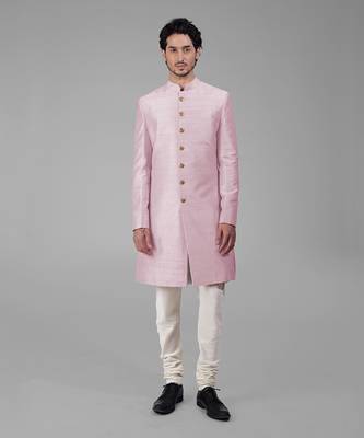 Barely pink pure silk sherwani set 1