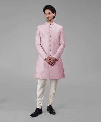 Barely pink pure silk sherwani set 2