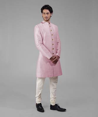 Barely pink pure silk sherwani set 3