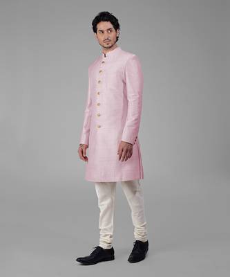 Barely pink pure silk sherwani set 5