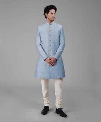 Dusty blue pure silk sherwani set 1