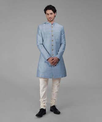 Dusty blue pure silk sherwani set 2