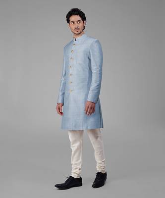 Dusty blue pure silk sherwani set 4