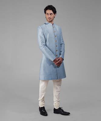 Dusty blue pure silk sherwani set 5