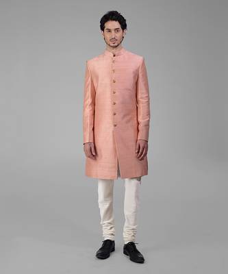 Peach pure silk sherwani set 1