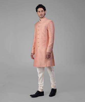 Peach pure silk sherwani set 2