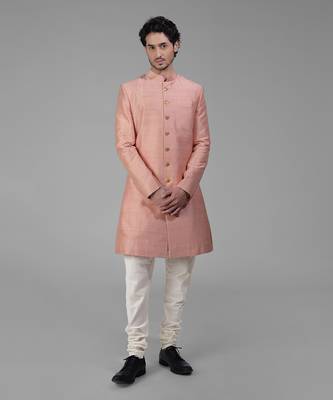 Peach pure silk sherwani set 4