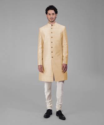 Light gold pure silk sherwani set 1