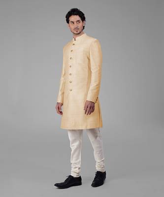 Light gold pure silk sherwani set 2