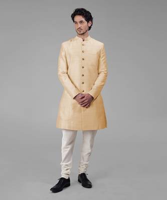Light gold pure silk sherwani set 3