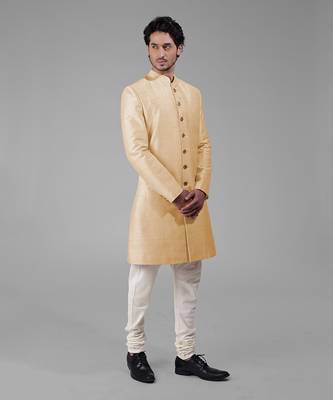 Light gold pure silk sherwani set 4