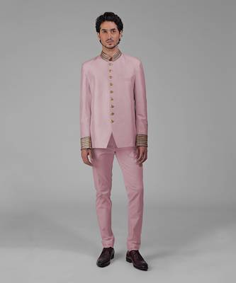 Burnished lilac zardozi hand embroidered silk bandhgala jacket set 1