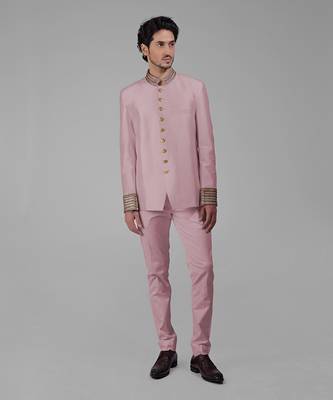 Burnished lilac zardozi hand embroidered silk bandhgala jacket set 2