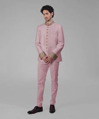 Burnished lilac zardozi hand embroidered silk bandhgala jacket set 4