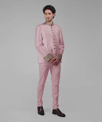 Burnished lilac zardozi hand embroidered silk bandhgala jacket set 5