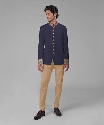 Midnight blue zardozi hand embroidered silk bandhgala jacket set 1