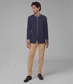 Midnight blue zardozi hand embroidered silk bandhgala jacket set