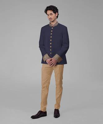 Midnight blue zardozi hand embroidered silk bandhgala jacket set 2