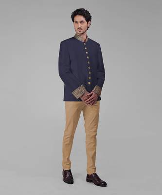 Midnight blue zardozi hand embroidered silk bandhgala jacket set 3