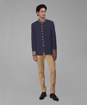 Midnight blue zardozi hand embroidered silk bandhgala jacket set 5