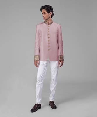 Ivory & gold zardozi hand embroidered silk bandhgala jacket set 1