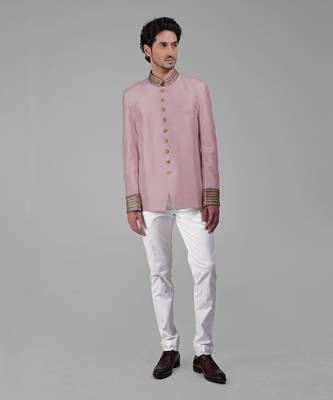 Ivory & gold zardozi hand embroidered silk bandhgala jacket set 3