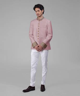 Ivory & gold zardozi hand embroidered silk bandhgala jacket set 4