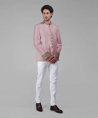Ivory & gold zardozi hand embroidered silk bandhgala jacket set 5