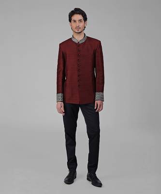 Maroon zardozi hand embroidered silk bandhgala jacket set 1