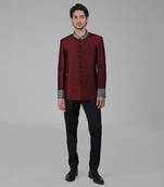 Maroon zardozi hand embroidered silk bandhgala jacket set