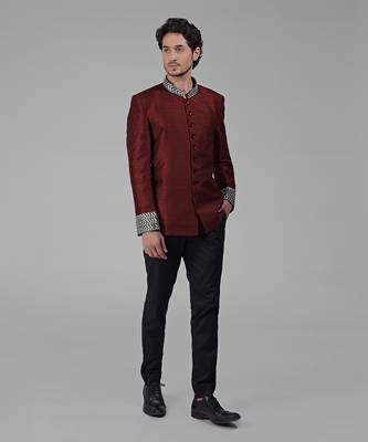 Maroon zardozi hand embroidered silk bandhgala jacket set 2