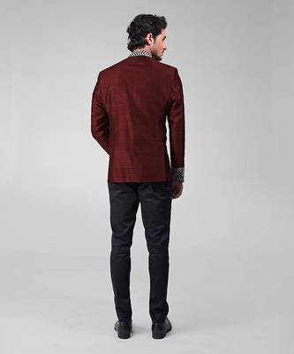 Maroon zardozi hand embroidered silk bandhgala jacket set 3