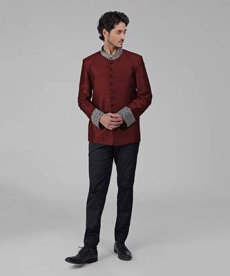Maroon zardozi hand embroidered silk bandhgala jacket set 4