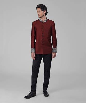Maroon zardozi hand embroidered silk bandhgala jacket set 5
