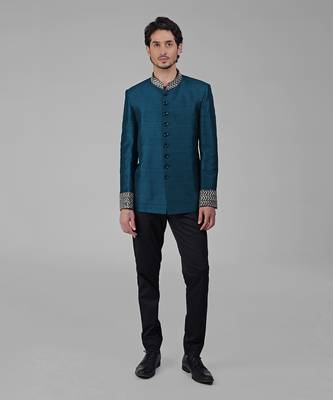 Teal zardozi hand embroidered silk bandhgala jacket set 1