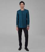 Teal zardozi hand embroidered silk bandhgala jacket set