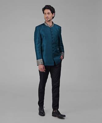 Teal zardozi hand embroidered silk bandhgala jacket set 2
