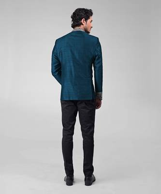 Teal zardozi hand embroidered silk bandhgala jacket set 3