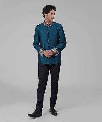 Teal zardozi hand embroidered silk bandhgala jacket set 4