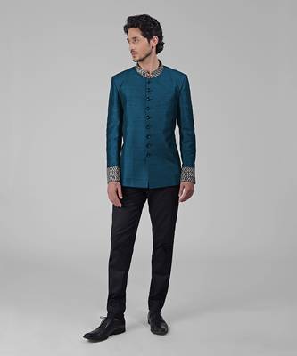 Teal zardozi hand embroidered silk bandhgala jacket set 5