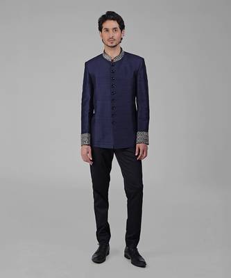 Navy blue zardozi hand embroidered silk bandhgala jacket set 1