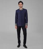 Navy blue zardozi hand embroidered silk bandhgala jacket set